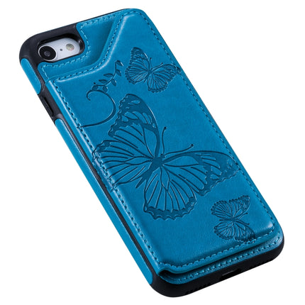 For iPhone 7 & 8 Butterfly Embossing Pattern Shockproof Protective Case with Holder & Card Slots & Photo Frame(Blue)-garmade.com