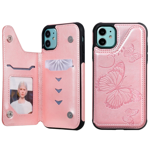 For iPhone 11 Pro Butterfly Embossing Pattern Shockproof Protective Case with Holder & Card Slots & Photo Frame(Rose Gold)-garmade.com