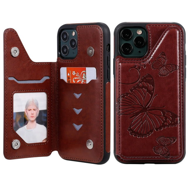 For iPhone 11 Pro Butterfly Embossing Pattern Shockproof Protective Case with Holder & Card Slots & Photo Frame(Brown)-garmade.com