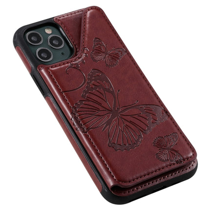 For iPhone 11 Pro Butterfly Embossing Pattern Shockproof Protective Case with Holder & Card Slots & Photo Frame(Brown)-garmade.com