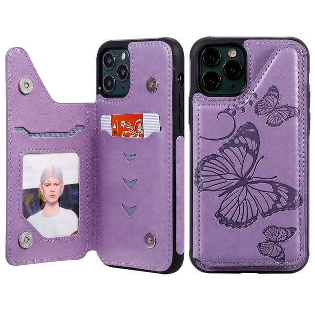 For iPhone 11 Pro Butterfly Embossing Pattern Shockproof Protective Case with Holder & Card Slots & Photo Frame(Purple)-garmade.com