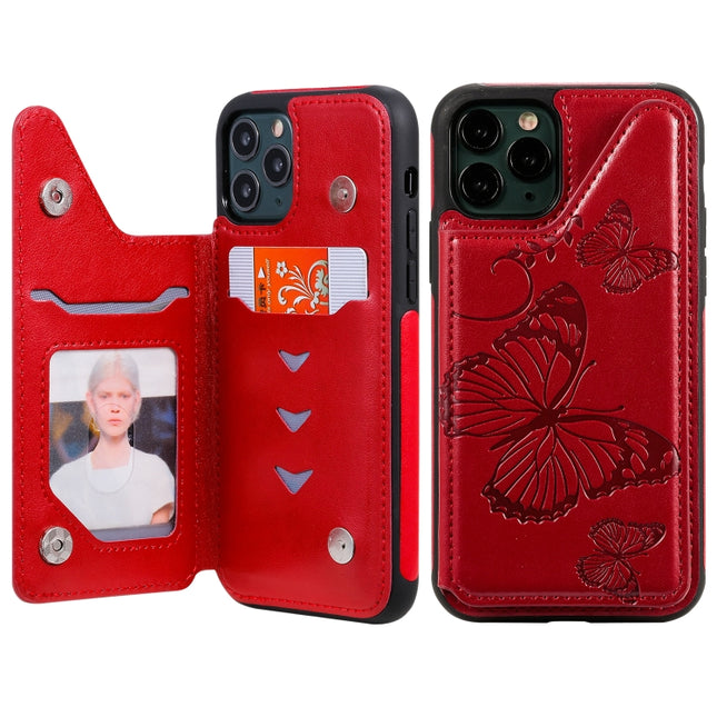 For iPhone 11 Pro Butterfly Embossing Pattern Shockproof Protective Case with Holder & Card Slots & Photo Frame(Red)-garmade.com