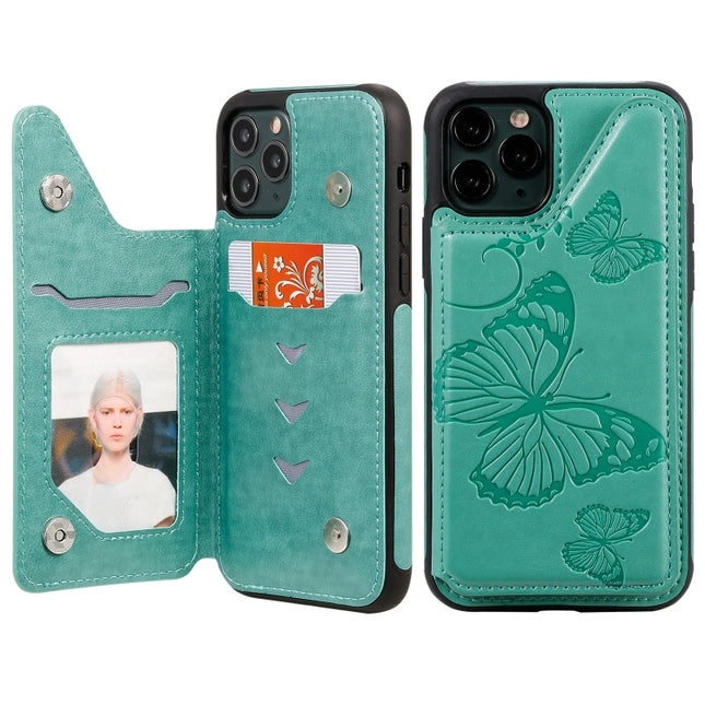 For iPhone 11 Pro Butterfly Embossing Pattern Shockproof Protective Case with Holder & Card Slots & Photo Frame(Green)-garmade.com