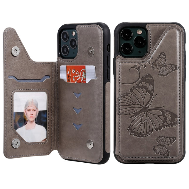 For iPhone 11 Pro Butterfly Embossing Pattern Shockproof Protective Case with Holder & Card Slots & Photo Frame(Grey)-garmade.com