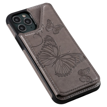 For iPhone 11 Pro Butterfly Embossing Pattern Shockproof Protective Case with Holder & Card Slots & Photo Frame(Grey)-garmade.com