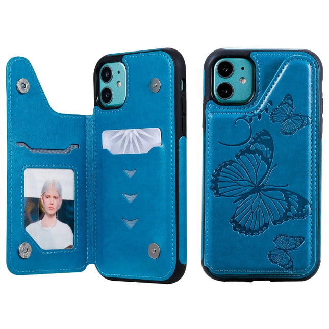 For iPhone 11 Pro Butterfly Embossing Pattern Shockproof Protective Case with Holder & Card Slots & Photo Frame(Blue)-garmade.com