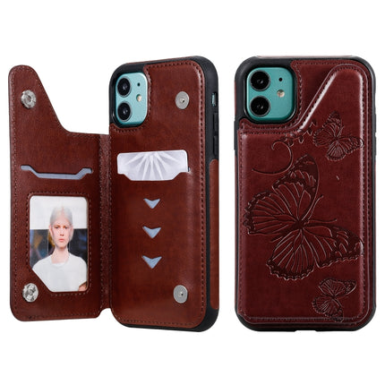 For iPhone 11 Butterfly Embossing Pattern Shockproof Protective Case with Holder & Card Slots & Photo Frame(Brown)-garmade.com