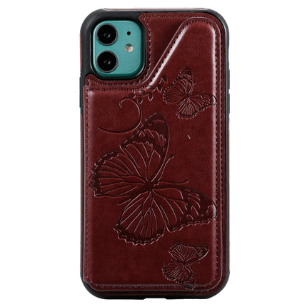 For iPhone 11 Butterfly Embossing Pattern Shockproof Protective Case with Holder & Card Slots & Photo Frame(Brown)-garmade.com
