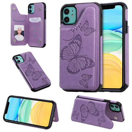 For iPhone 11 Butterfly Embossing Pattern Shockproof Protective Case with Holder & Card Slots & Photo Frame(Purple)-garmade.com