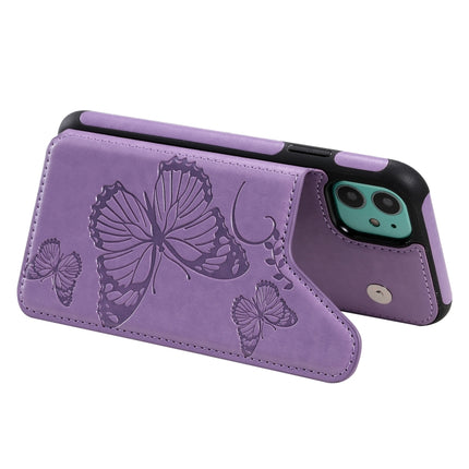 For iPhone 11 Butterfly Embossing Pattern Shockproof Protective Case with Holder & Card Slots & Photo Frame(Purple)-garmade.com
