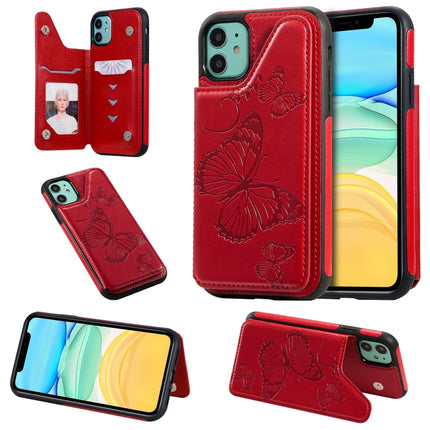 For iPhone 11 Butterfly Embossing Pattern Shockproof Protective Case with Holder & Card Slots & Photo Frame(Red)-garmade.com