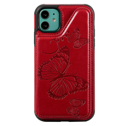 For iPhone 11 Butterfly Embossing Pattern Shockproof Protective Case with Holder & Card Slots & Photo Frame(Red)-garmade.com