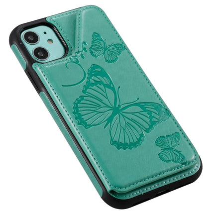 For iPhone 11 Butterfly Embossing Pattern Shockproof Protective Case with Holder & Card Slots & Photo Frame(Green)-garmade.com