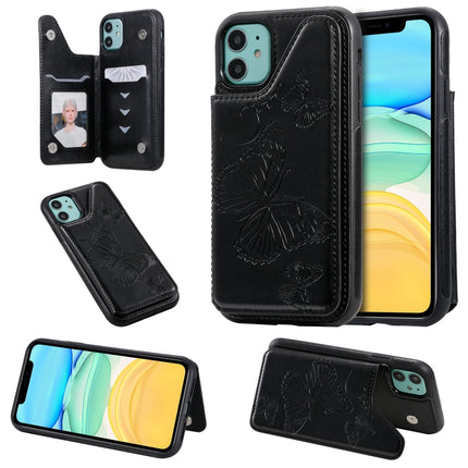 For iPhone 11 Butterfly Embossing Pattern Shockproof Protective Case with Holder & Card Slots & Photo Frame(Black)-garmade.com