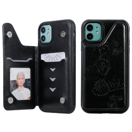 For iPhone 11 Butterfly Embossing Pattern Shockproof Protective Case with Holder & Card Slots & Photo Frame(Black)-garmade.com
