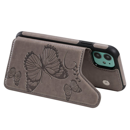 For iPhone 11 Butterfly Embossing Pattern Shockproof Protective Case with Holder & Card Slots & Photo Frame(Grey)-garmade.com