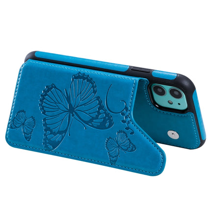 For iPhone 11 Butterfly Embossing Pattern Shockproof Protective Case with Holder & Card Slots & Photo Frame(Blue)-garmade.com