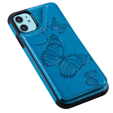 For iPhone 11 Butterfly Embossing Pattern Shockproof Protective Case with Holder & Card Slots & Photo Frame(Blue)-garmade.com