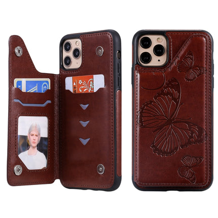 For iPhone 11 Pro Max Butterfly Embossing Pattern Shockproof Protective Case with Holder & Card Slots & Photo Frame(Brown)-garmade.com