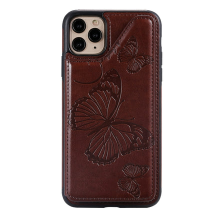 For iPhone 11 Pro Max Butterfly Embossing Pattern Shockproof Protective Case with Holder & Card Slots & Photo Frame(Brown)-garmade.com