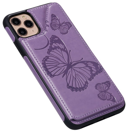 For iPhone 11 Pro Max Butterfly Embossing Pattern Shockproof Protective Case with Holder & Card Slots & Photo Frame(Purple)-garmade.com