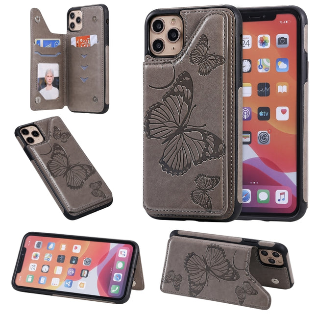 For iPhone 11 Pro Max Butterfly Embossing Pattern Shockproof Protective Case with Holder & Card Slots & Photo Frame(Grey)-garmade.com
