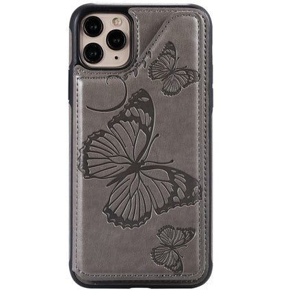 For iPhone 11 Pro Max Butterfly Embossing Pattern Shockproof Protective Case with Holder & Card Slots & Photo Frame(Grey)-garmade.com