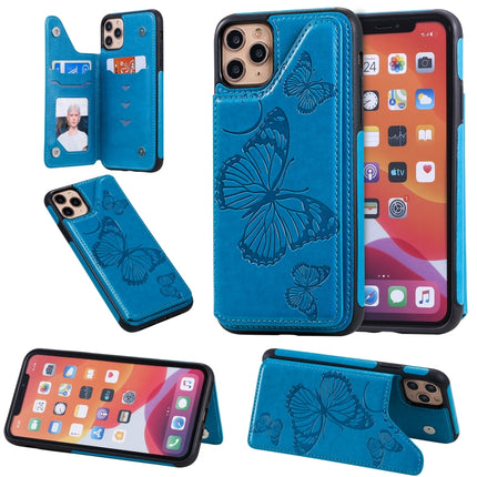 For iPhone 11 Pro Max Butterfly Embossing Pattern Shockproof Protective Case with Holder & Card Slots & Photo Frame(Blue)-garmade.com