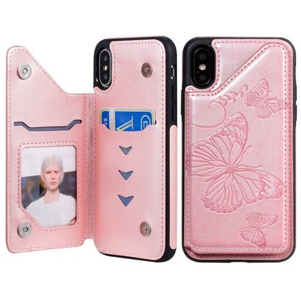 For iPhone X & XS Butterfly Embossing Pattern Shockproof Protective Case with Holder & Card Slots & Photo Frame(Rose Gold)-garmade.com