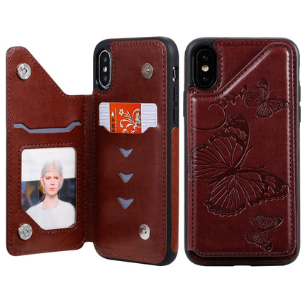 For iPhone X & XS Butterfly Embossing Pattern Shockproof Protective Case with Holder & Card Slots & Photo Frame(Brown)-garmade.com