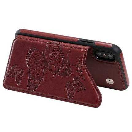 For iPhone X & XS Butterfly Embossing Pattern Shockproof Protective Case with Holder & Card Slots & Photo Frame(Brown)-garmade.com