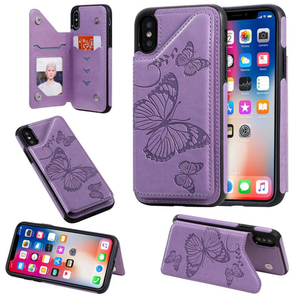 For iPhone X & XS Butterfly Embossing Pattern Shockproof Protective Case with Holder & Card Slots & Photo Frame(Purple)-garmade.com