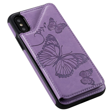 For iPhone X & XS Butterfly Embossing Pattern Shockproof Protective Case with Holder & Card Slots & Photo Frame(Purple)-garmade.com