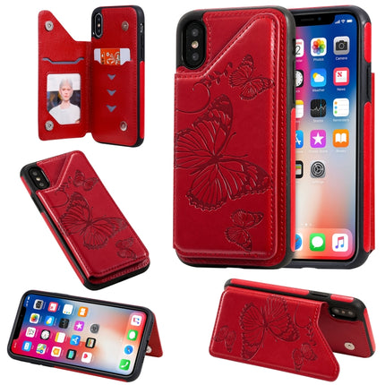 For iPhone X & XS Butterfly Embossing Pattern Shockproof Protective Case with Holder & Card Slots & Photo Frame(Red)-garmade.com