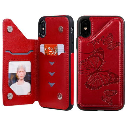 For iPhone X & XS Butterfly Embossing Pattern Shockproof Protective Case with Holder & Card Slots & Photo Frame(Red)-garmade.com