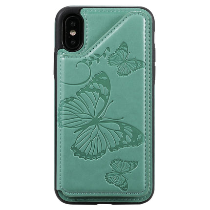 For iPhone X & XS Butterfly Embossing Pattern Shockproof Protective Case with Holder & Card Slots & Photo Frame(Green)-garmade.com