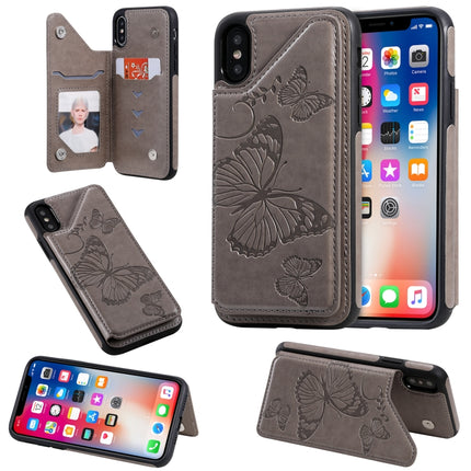For iPhone X & XS Butterfly Embossing Pattern Shockproof Protective Case with Holder & Card Slots & Photo Frame(Grey)-garmade.com