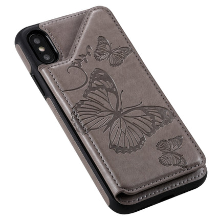 For iPhone X & XS Butterfly Embossing Pattern Shockproof Protective Case with Holder & Card Slots & Photo Frame(Grey)-garmade.com