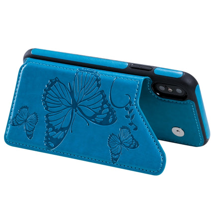 For iPhone X & XS Butterfly Embossing Pattern Shockproof Protective Case with Holder & Card Slots & Photo Frame(Blue)-garmade.com