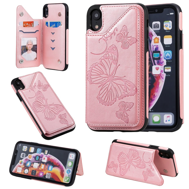 For iPhone XR Butterfly Embossing Pattern Shockproof Protective Case with Holder & Card Slots & Photo Frame(Rose Gold)-garmade.com