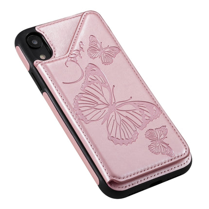 For iPhone XR Butterfly Embossing Pattern Shockproof Protective Case with Holder & Card Slots & Photo Frame(Rose Gold)-garmade.com