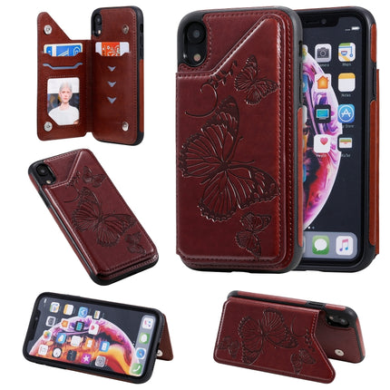 For iPhone XR Butterfly Embossing Pattern Shockproof Protective Case with Holder & Card Slots & Photo Frame(Brown)-garmade.com