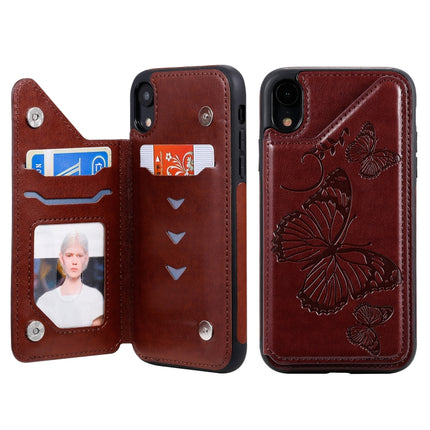 For iPhone XR Butterfly Embossing Pattern Shockproof Protective Case with Holder & Card Slots & Photo Frame(Brown)-garmade.com