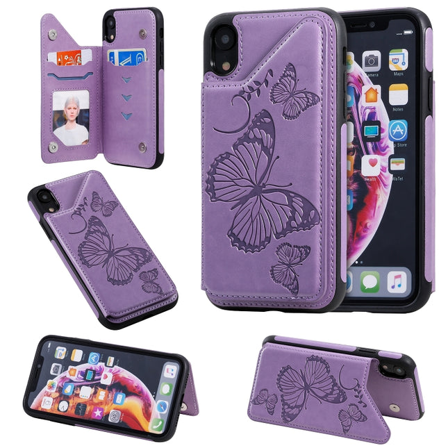 For iPhone XR Butterfly Embossing Pattern Shockproof Protective Case with Holder & Card Slots & Photo Frame(Purple)-garmade.com