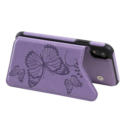 For iPhone XR Butterfly Embossing Pattern Shockproof Protective Case with Holder & Card Slots & Photo Frame(Purple)-garmade.com