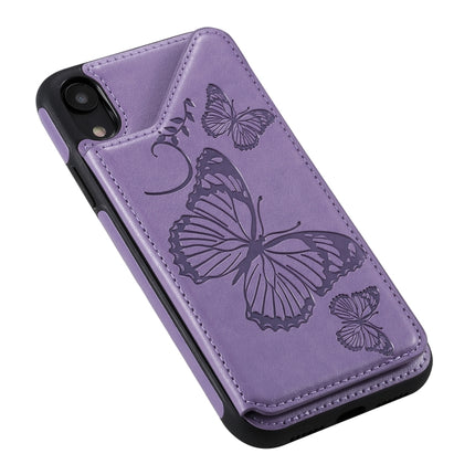 For iPhone XR Butterfly Embossing Pattern Shockproof Protective Case with Holder & Card Slots & Photo Frame(Purple)-garmade.com