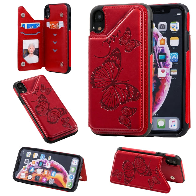 For iPhone XR Butterfly Embossing Pattern Shockproof Protective Case with Holder & Card Slots & Photo Frame(Red)-garmade.com