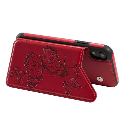 For iPhone XR Butterfly Embossing Pattern Shockproof Protective Case with Holder & Card Slots & Photo Frame(Red)-garmade.com