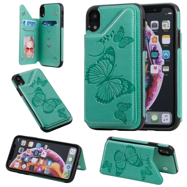 For iPhone XR Butterfly Embossing Pattern Shockproof Protective Case with Holder & Card Slots & Photo Frame(Green)-garmade.com