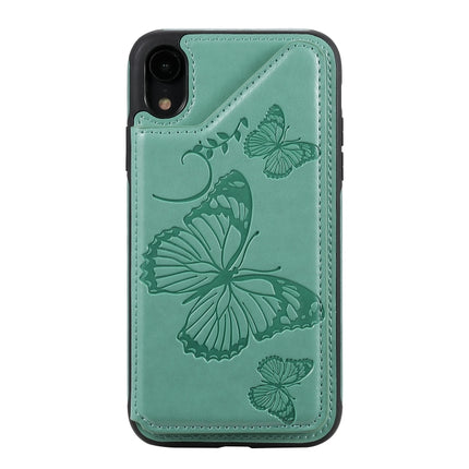 For iPhone XR Butterfly Embossing Pattern Shockproof Protective Case with Holder & Card Slots & Photo Frame(Green)-garmade.com